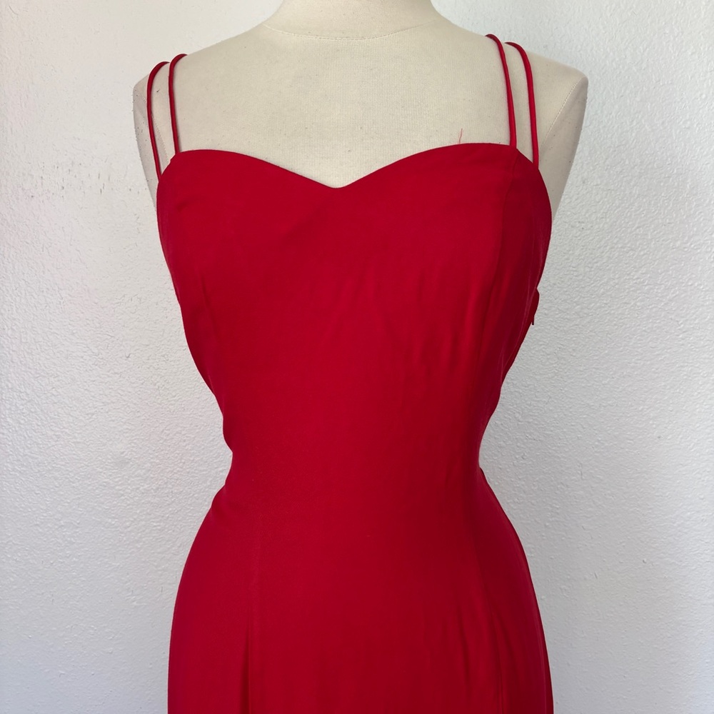 Vintage Solid Red Sleeveless Full Length Strappy Rhinestone Formal Dress - Picture 5 of 11